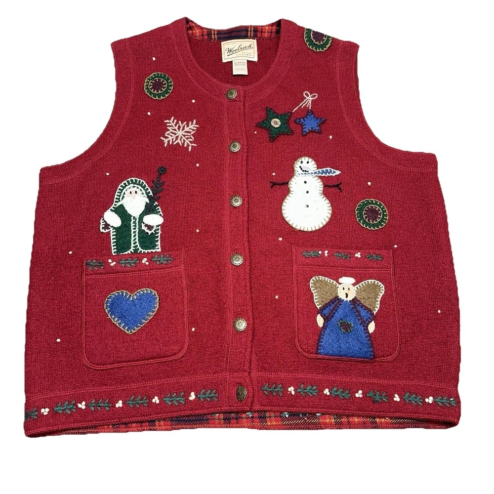 Woolrich Crimson 100% Wool Button Up Embroidered Holiday Sweater Vest Women's M